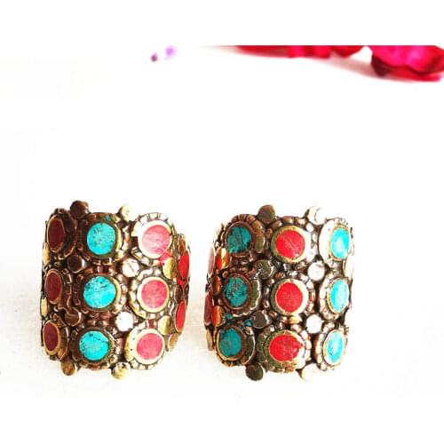 Nepal Vintage Jewelry Brass Inlay Colorful Stone Golden Finger Ring for Lady R028