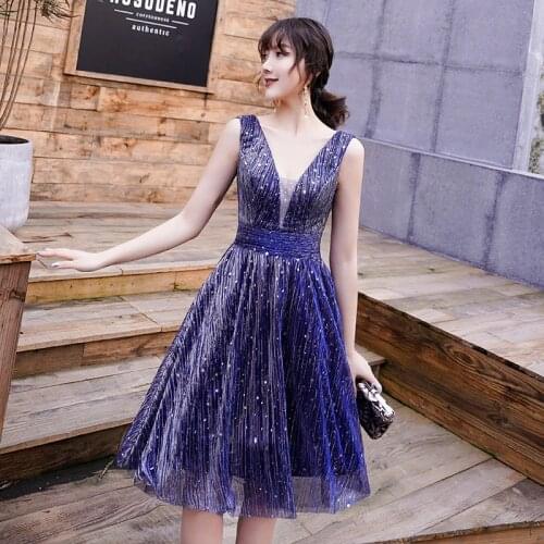 New sequined navyblue short sweet lady girl women princess bridesmaid banquet party ball prom dress gown free shipping