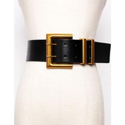 New Women Genuine Leather wide Waistband Luxury design Cummerbund Double Row Metal Square Pin Buckle Corset Belt waist closure