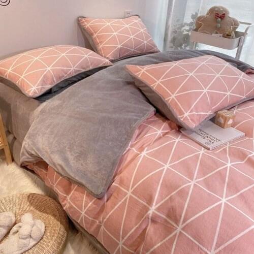 Autumn Winter Warm 4Pcs Set Cotton Flannel Kit Multi-Specification Fitted Sheet Cotton Bedding Bed Sheet Quilt Cover Pillow Case