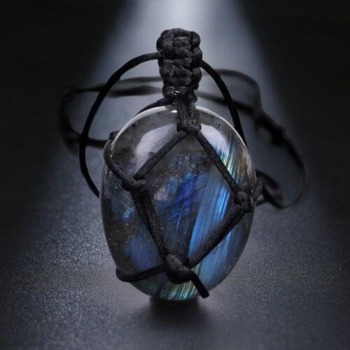 Labradorite Necklace Natural Stone Pendant Wrap Braid Necklace Yoga Macrame Necklace Men Women Energy Moonlight Stones Jewelry