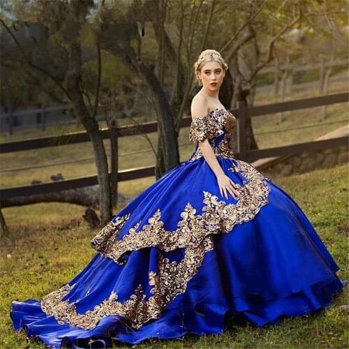 Gold Sequins Royal Blue Quinceanera Dresses Sequined Off The Shoulder Appliqued Sweet 16 Dress Sweep Train Satin Masquerade Gown