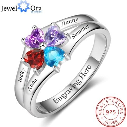 Family Ring Personalized 4 Birthstone Engrave 4 Name Rings For Mom 925 Sterling Silver Anniversary Jewelry (JewelOra RI102986)