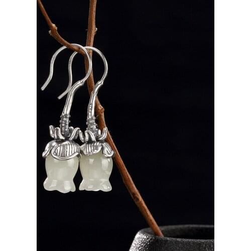 Silver restoring ancient ways natural hetian jade lilies of the high-grade joker woman earrings stud earrings wholesale