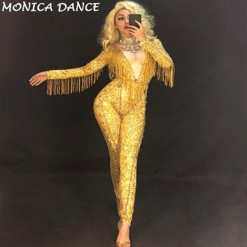 Sexy Bodysuit Female Singer Rhinestones Sparkly Gold Stones Tassel Jumpsuit Evening Stage Wear Womens Birthday Celebrate Outfit