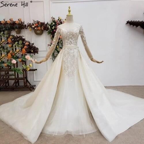 Ivory Mermaid Handmade Flowers Beading Plus Size Wedding Dresses 2021 High-end Long Sleeves Bridal Gowns Serene Hill BHX0182