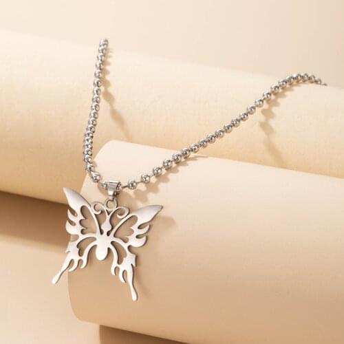 HuaTang Vintage Hollow Butterfly Pendant Necklace for Women Girls Silver Color Alloy Metal Bead Clavicle Chain Jewelry 19130
