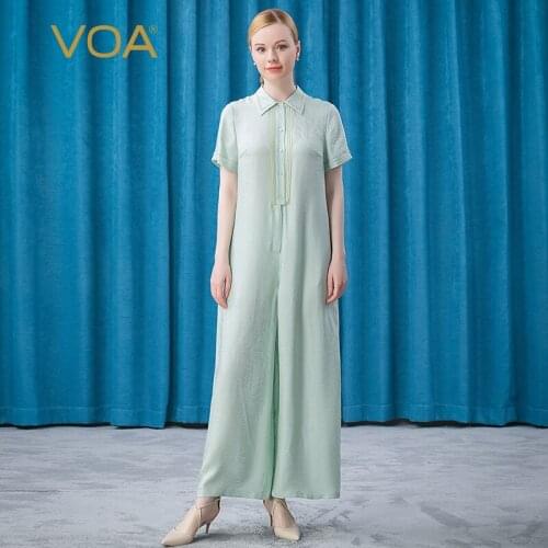 VOA Silk Jacquard Light Green Pointed Collar Bright Line Arch for Silk Crafts Buckle European-style Short-sleeved Trousers KE290