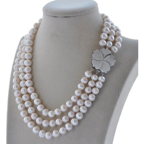 Z10465 3row 18" 10mm White Round Freshwater Pearl Necklace