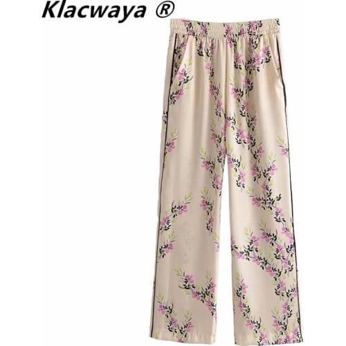 Klacwaya Women 2021 Elegant Floral Print Side Ribbon Striaght Pants Female Chic Elastic Waist Pockets Casual Long Trousers