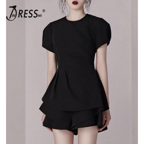 INDRESSME 2019 New Women Lantern Sleeves Shorts Refined Waisted Ruched Tops Lady Girls Black Two Pieces Lovely Sets