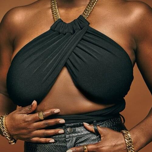 2021 Cotton Chains Patchwork Halter Crop Tops Summer Women Fashion Streetwear Outfits Y2K Tees