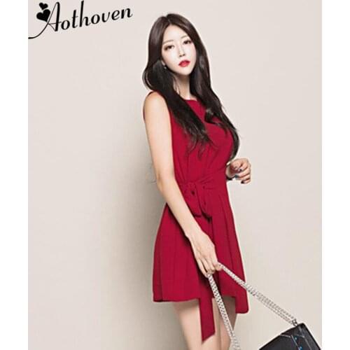 Red Dresses O Neck Sleeveless Womens Dress Office Ladies Elegant Bodycon Sexy Party Lace Up Mini Asymmetrical Dress Summer 2019