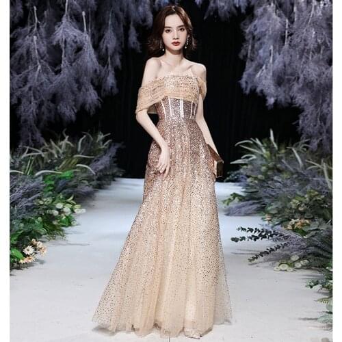 Golden Starry Sky Gradient Banquet Evening Dress Female 2021 Host Annual Meeting Elegant Off the Shoulder Prom Dress A103