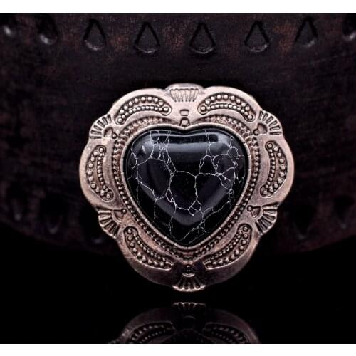 10PC 30mm Antique Silver Tribal Flower Engraved Black Stone Heart Leather Concho For Belt Bag Leathercraft Wallet Decor Screwbac