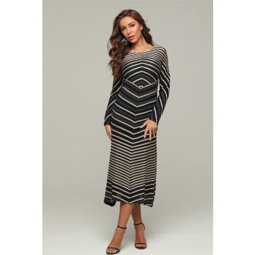Bandage Dress 2020 New Jacquard Stripe Long Sleeve A Line Long Women Dress Night Party Dress