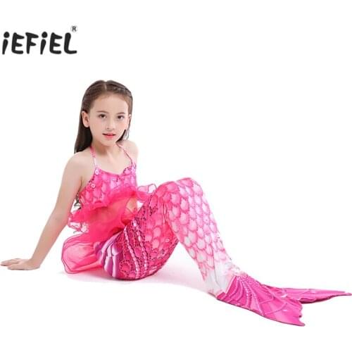 3Pcs Kids Girls Mermaid Swimwear Costume Ruffled Halter Tops with Bottoms Mermaid Tail Bikini Swimsuit Bathing Suit Beachwear