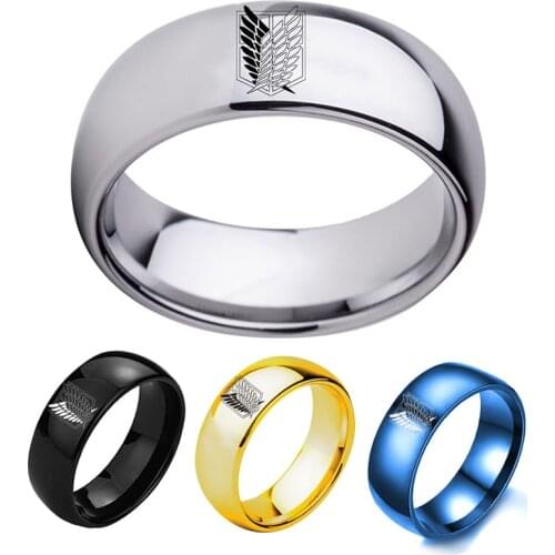 8mm Anime Attack on Titan Scout Regiment Wings Engraved Finger Ring Stainless Steel Fashion Jewelry Mens Rings Free Shipping