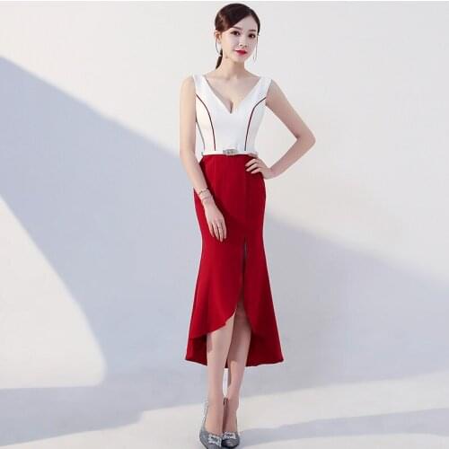 Red White Mermaid Slim Cheongsam Long Dresses Qi Pao Women Chinese Evening Dress Qipao Oriental Style V Neck Party Gown Host