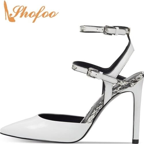 Summer Women Lady Solid Black/White Pumps Buckle Strap Pointed Toe Super High Thin Heels Office&Career Mature Adult Plus Size 33