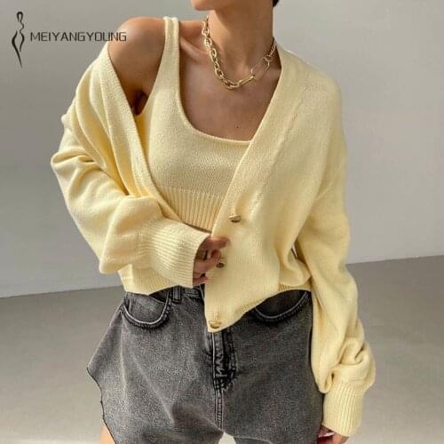 MEIYANGYOUNG Long Sleeve Knitted top and Cardigan Two Piece Set Women Sweater Suit Ladies Pink Slim Button Crop Sweater Tops