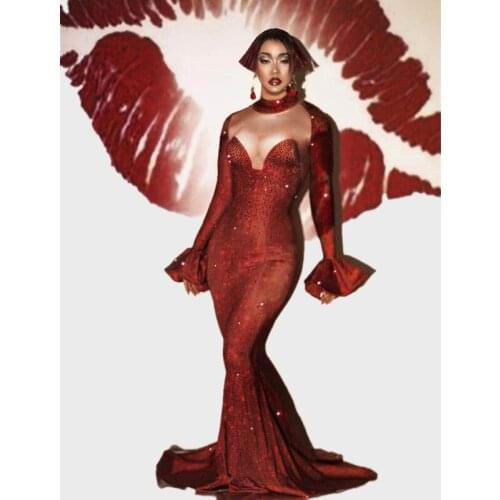 Fashion Red Rhinestone Wedding Party Mermaid Dress Women Sexy Flared Sleeves Birthday Celebration Long Dress Stage Costumes