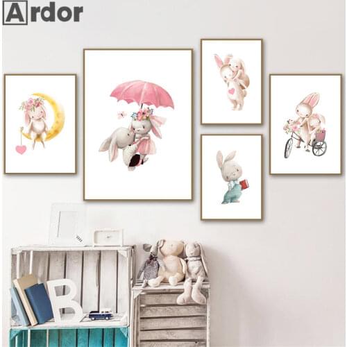 Baby Animal Bunny Wall Art Canvas Print Nursery Painting Flower Rabbit Poster Child Prints Nordic Wall Pictures Kids Room Decor
