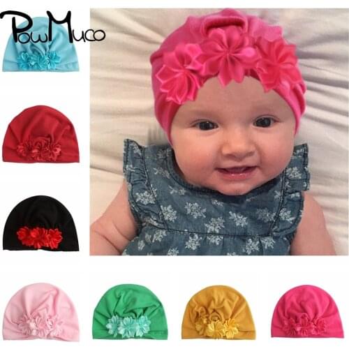 Powmuco Solid Color Polygonal Flowers Newborn Hats Handmade Floral Baby Girls Caps Children Turban Kid Gift Photography Headwear