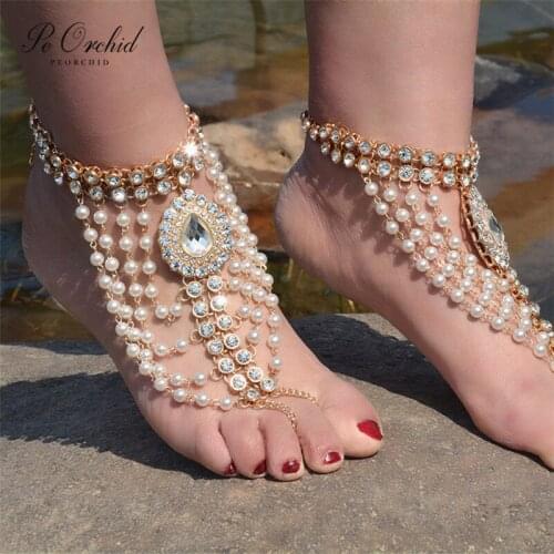 PEORCHID Bridal Crystal Foot Toe Anklet Bracelet Bridal Beach Wedding Barefoot Sandals Rhinestone Women Party Jewelry Accessory
