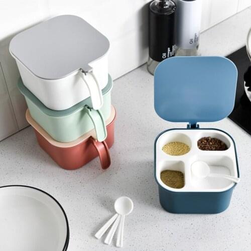 Seasoning box salt monosodium glutamate bottle salt jar seasoning jar set kitchen supplies with spoon 4 sub-compartment