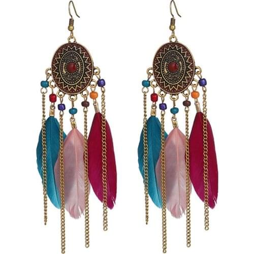 Retro Tassel Feather Earrings Womens Bohemian Drop Earrings for Women 2021 Ethnic Fashion Dangle Earrings Jewelry