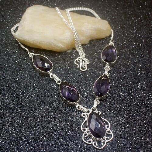Glowing Fashion Teardrop Purple Amethystt Silver Color Women Pendant Necklace Chain 20 Inch HD650