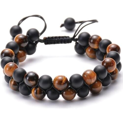 Tiger Eye Natural Stone Beads Matte Onyx Double Handmade Macrame Adjustable Bracelet Unisex Healing Daily Jewelry For Women Gift