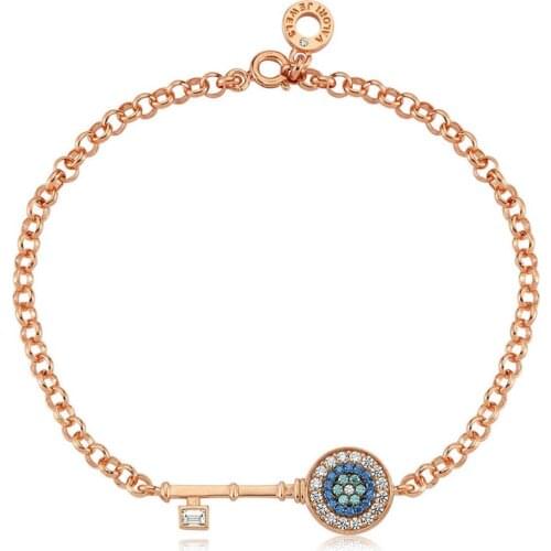 Valori Jewels Evil Eye Key, Zirconia Multicolor Gemstone, Rose Gold Plated, Sterling Silver Bracelet