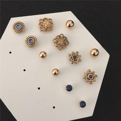 Vintage Antique Gold Color Plating Navy Blue Stone Engraved Flower Ball 6 Pair Stud Earrings Pack For Women Gorgeous Gift Set