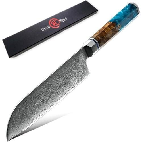 Japanese Santoku Knife Chef Knife VG10 Damascus Steel Blue Wooden Handle Kitchen Cooking Tools Cutlery Cookware Salmon Sashimi