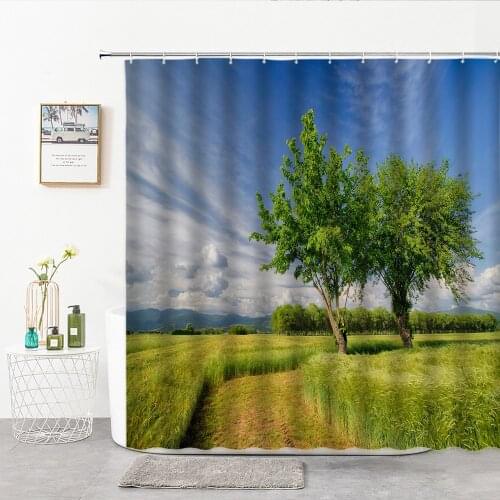 Green Grassland Tree Shower Curtains Scenery Bath Curtain Home Decor Background Wall Hanging Cloth Bathroom Accessories Products