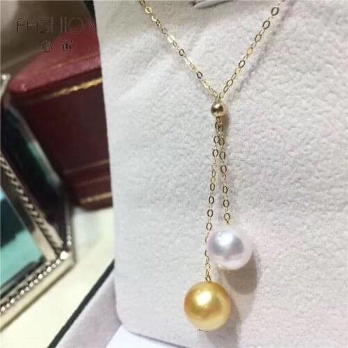 D510 Pearl Necklace Fine Jewelry Solid 18K Gold Round 7-8mm Fresh Water White and Golden Pearls Pendants Necklaces for Women