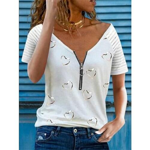 2021 Fashion Women Summer New Heart Print T-Shirts Ladies Streetwear Zipper Decor V-Neck Short Sleeve Casual Loose Pullovers Top
