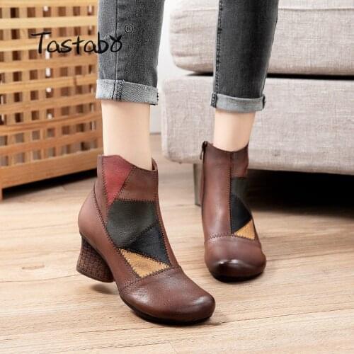 Woman Ankles Boots Mujer 2020 Mixed Color Patent Leather Botines Patchwork Square Toe Thick High Heels Pump women boots 20551