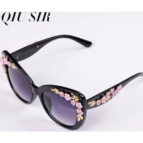 Luxury Queen Oversize 2021 Cat Eye Sunglasses For Women Rose Flower Vintage Girls Oculos De Sol Brand Design Women Sun Glasses