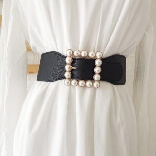 New Women Stretch pearl Belts Fashion wide square Gold Metal Buckle Elastic Corset cummerbunds Dress Waistband coat Accessories