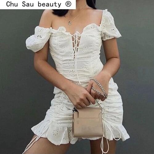 New Fashion French Style Embroidery Lace Slim Mini Dress Women Vintage Chic Ruffles Square Collar Dresses Female Vestido De Moda