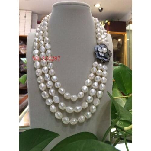 New Elegant ladys big 3row 10-11mm baroque white freshwater pearl necklace