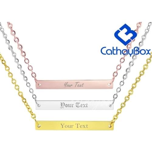 Women Personalized Name Engrave Silver Color Gold Rose Gold Tone Stainless Steel Name Bar Charm Pendant Necklace W/Chain 45CM S