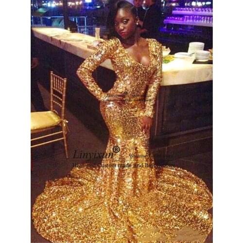 Sparkly Gold Sequins Prom Dresses Long Sleeves Sexy Deep V Neck Sweep Train Black Girl Formal Occasion Wear Party Gowns