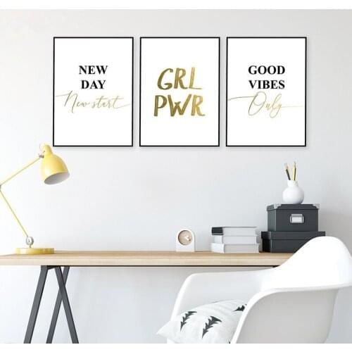 Gold Inspirational Words Wall Art Good Vibes Black White Posters and Prints Canvas Picture Decorative Painting Unframed