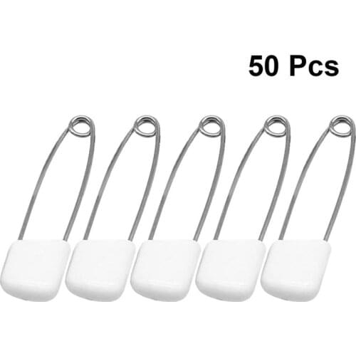 50 Pcs 55mm White Plastic End Baby Kids Cloth Diaper Pins Stainless Steel Safety Pins Metal Brooch Badge Sewing Needle Knit