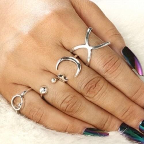 6Pcs/Set Simple Silver Color Geometric Moon Star Charm Rings For Women Punk Boho Joint Finger Rings Set Jewelry Accessories
