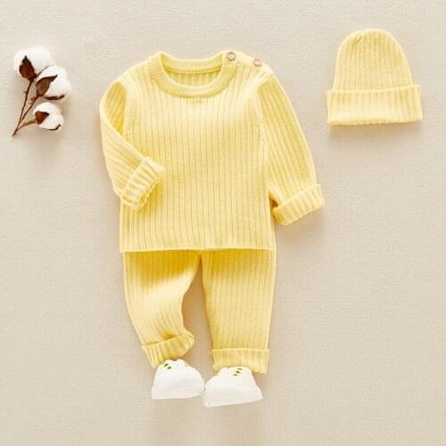 Newborn Girls High Waist Pant Knit Hats Children Clothing Suit 0-12M 3pcs/set Baby Girl Clothes Boys Knit Ribbed Sweater Set